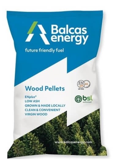 A bag of Balcas Energy ENplus A1 wood pellets